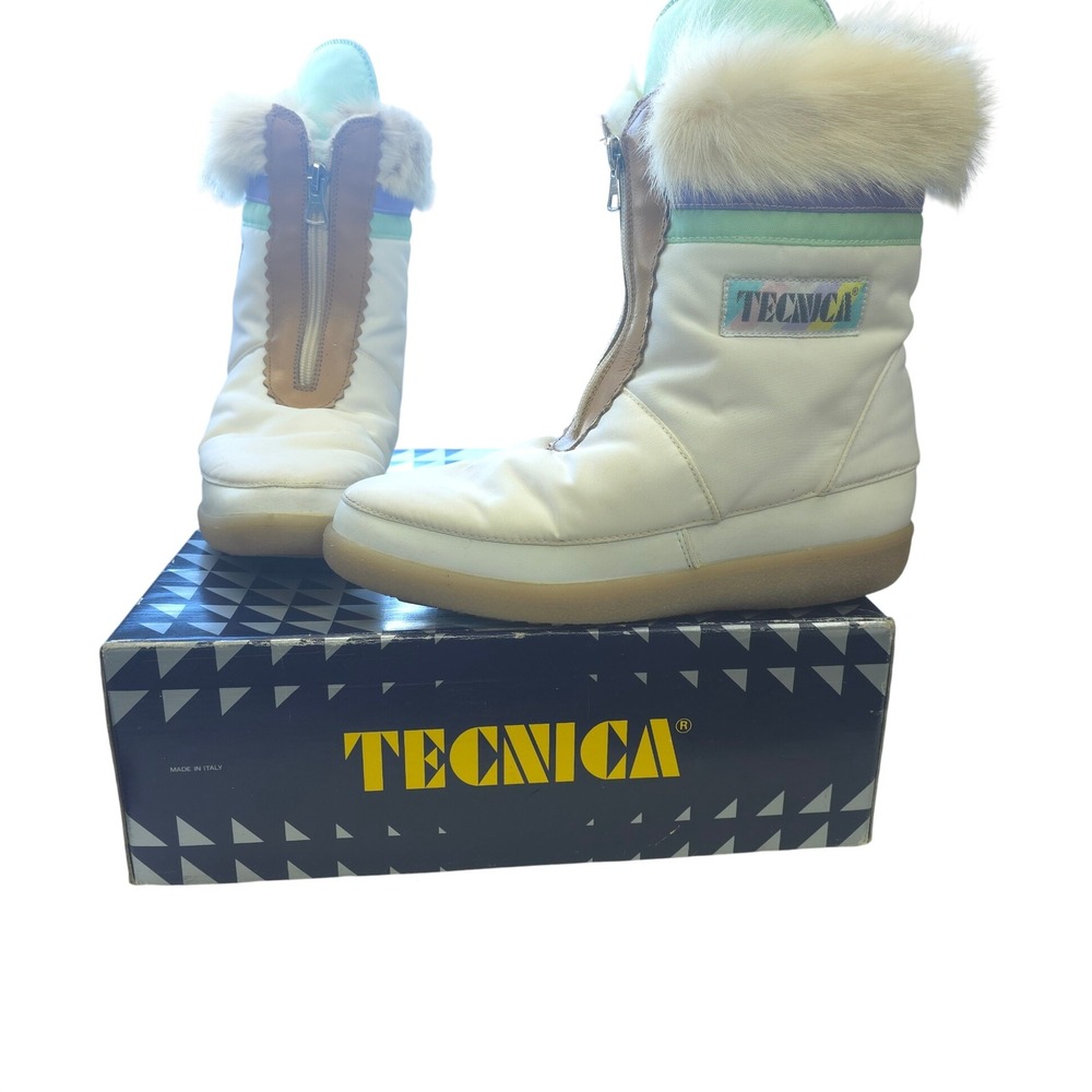 Tecnica Vintage Italian Snow Boots Faux Fur Trim Pastel White Leather Size 41